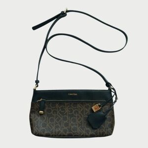 CALVIN KLEIN Monogram Logo Print Crossbody Bag Purse Brown Black Long Strap